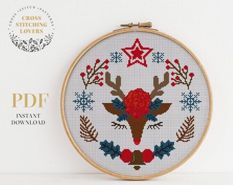 Christmas theme cross stitch pattern, Reindeer animal, easy embroidery pattern, instant download PDF chart, Christmas ornament home decor