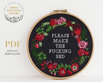Patrón de punto de cruz subversivo, corona de flores de fondo negro, patrón de bordado moderno, decoración del hogar, tabla PDF de descarga instantánea
