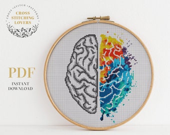 May include: A cross stitch pattern of a brain with one half in black and white and the other half in a colourful watercolour style.
