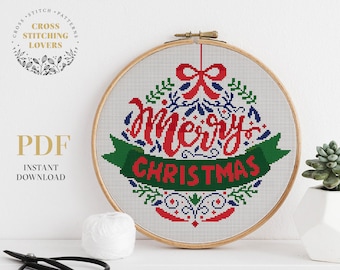 Christmas Cross stitch pattern, Merry Christmas counted cross stitch, embroidery chart, instant download PDF chart, Christmas decoration
