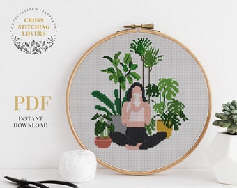 Plant lady cross stitch pattern, counted cross stitch PDF chart, Home plants embroidery pattern, home decor