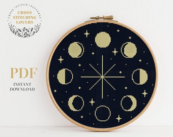 Moon phase cross stitch pattern, Easy Counted cross stitch chart, instant download PDF pattern, wall home decor, hoop art, modern embroidery