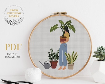 Crazy plant lady cross stitch PDF pattern, Home plants, easy embroidery pattern, home decor, instant download