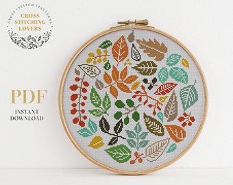 Leaves cross stitch pattern, counted cross stitch PDF chart, modern embroidery pattern, funny gift idea, home decor