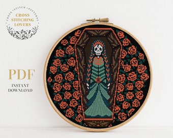 Death cross stitch pattern, Gothic counted cross stitch design, Coffin and roses theme, embroidery instant download PDF chart