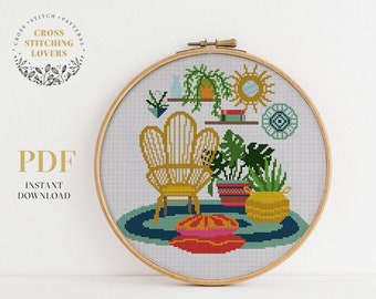 Home plant cross stitch chart, Modern counted cross stitch PDF pattern, funny embroidery pattern, instant download