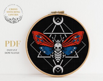 Moth cross stitch pattern, Gothic and Mystical, modern embroidery chart, PDF instant download