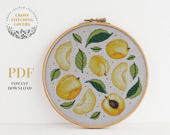 Peach fruit cross stitch pattern, modern embroidery design, wall home decor, instant download PDF chart