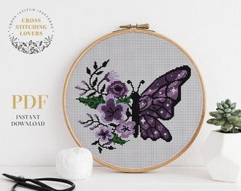 Patrón de punto de cruz de mariposa violeta, gráfico de punto de cruz contado moderno en PDF, descarga instantánea en PDF