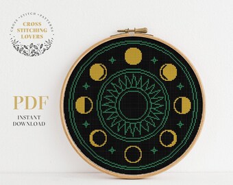 Astrology cross stitch pattern, Moon phase, instant download PDF digital pattern, wall home decor, hoop art, modern embroidery