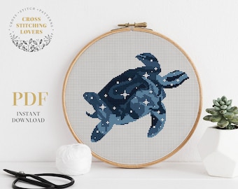 Turtle silhouette cross stitch pattern, starry night embroidery design, PDF counted cross stitch chart , instant download PDF, home decor