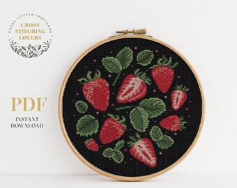 Strawberries cross stitch pattern, Fruits embroidery design, cute home decor, instant download PDF chart