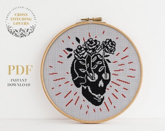 Skull with flowers cross stitch pattern, modern embroidery design, Gothic skeleton theme, instant download PDF chart