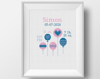 Personalized birth announcement cross stitch pattern, baby shower gift, custom embroidery design, nursery decor, instant download PDF chart