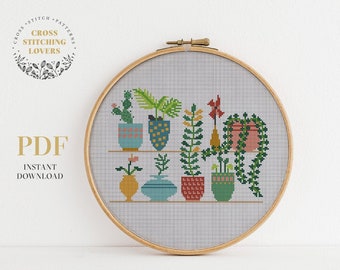 House plants cross stitch pattern, Fun and easy cross stitch project, modern embroidery design, home decor, PDF cross-stitch chart