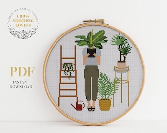 Crazy plant lady cross stitch pattern, Home plants embroidery design, wall home decor. PDF pattern instant download