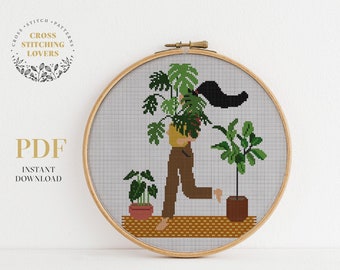 Plant lady - modern cross stitch pattern, creative wall home decor, digital PDF pattern instant download, embroidery design
