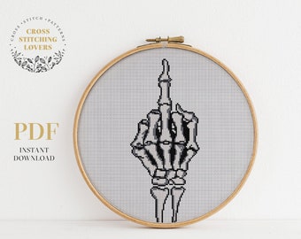 Skeleton cross stitch pattern, F*CK sign, Gothic counted cross stitch design, modern embroidery, instant download PDF chart