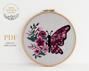 Flower Butterfly Cross Stitch Pattern, Nature counted cross stitch chart, home decor, hoop art embroidery design, Instant download PDF