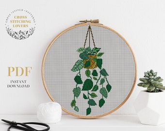 Hanging plant cross stitch pattern, Easy counted cross stitch chart, embroidery design, PDF Instant download
