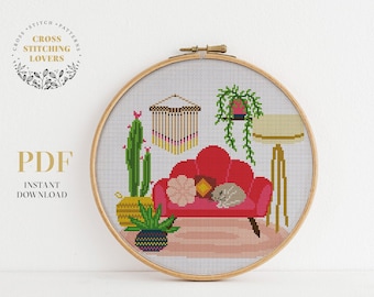 Cute interior scene cross stitch pattern, Hanging pots counted cross stitch PDF chart, Cactus embroidery pattern, funny gift idea