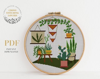 Home plants cross stitch pattern, Modern embroidery design, home decor, instant download PDF pattern