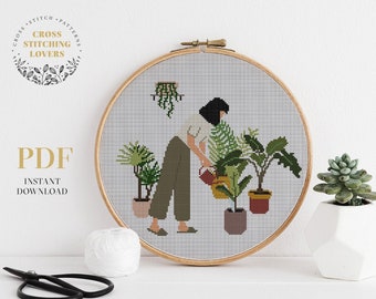 Crazy plant lady - PDF cross stitch pattern, Homely plants embroidery design, wall home decor, instant download