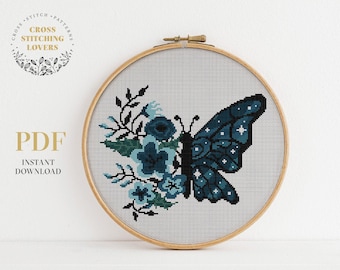 Patrón de punto de cruz de mariposa, ala de flor, diseño de punto de cruz contado, decoración del hogar, arte de bastidor, patrón de bordado, descarga instantánea en PDF