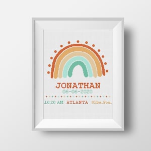 Birth announcement cross stitch pattern, Bohemian rainbow, personalized counted cross stitch, nursery decor, instant download PDF chart