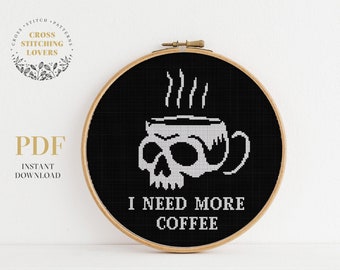 I need more coffee, funny cross stitch PDF pattern, Easy embroidery design, home decor, instant download PDF design