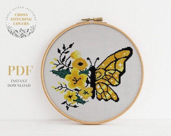 Butterfly Cross Stitch Pattern, Flower counted cross stitch chart, nature cross stitch, home decor, hoop embroidery, Instant download PDF