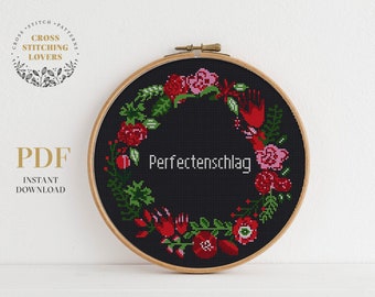 Perfectenschlag, funny cross stitch pattern text, Easy flower xstitch instant download PDF chart, Dwight Schrute from The Office TV show