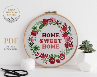 Home sweet home text modern cross stitch pattern embroidery colorful floral nature design DIY cute home decor instant download PDF gift idea