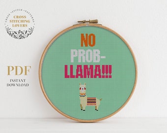 Easy cross stitch pattern with cute animal and funny text "No prob-llama" LOL, Instant download PDF instruction, xstitch DIY home decoration
