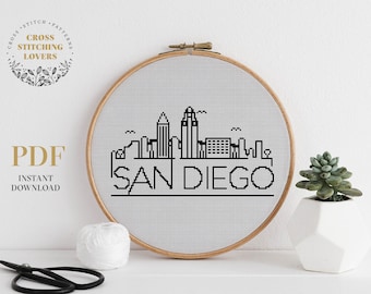 Easy cross stitch pattern with San Diego city theme, minimalistic xstitch in black and white color, Instant download xstitch PDF pattern