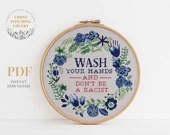 Wash Your Hands cross stitch pattern, snarky cross-stitch design, subversive pattern, flower wreath embroidery, instant download PDF chart