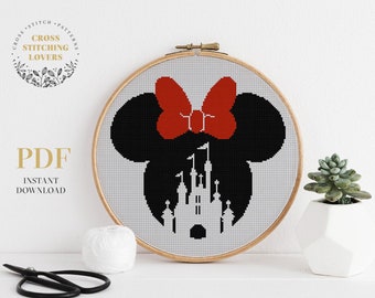 Mouse shape Cross Stitch Pattern PDF, Castle Counted cross stitch design, Easy Cross Stitch , embroidery chart, red bow xstitch chart