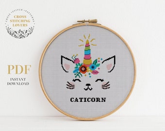 Lindo patrón de punto de cruz, gráfico de punto de cruz de conteo fácil, diseño de bordado divertido Gato + Unicornio, patrón PDF de descarga instantánea
