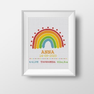 Personalized cross stitch pattern, rainbow counted cross stitch, nursery decor, instant download PDF chart