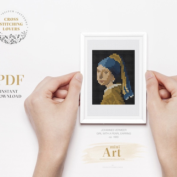 Girl with a Pearl Earring cross stitch pattern, Mini embroidery, famous artist painting, Instant Download PDF