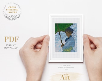 Claude Monet - Mini cross stitch pattern, Woman with a Parasol artwork, PDF Instant Download