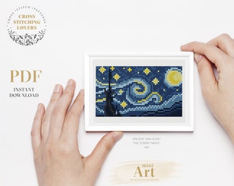 Mini ART cross stitch pattern, The Starry night, famous painting small hand embroidery, PDF Instant Download, home decor