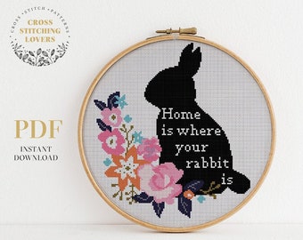 Rabbit Cross Stitch Pattern, Cute embroidery pattern, Home is where your rabbit is, crossstitch gift, instant download PDF chart, home decor