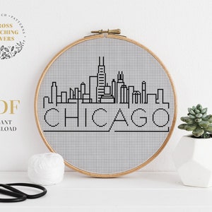Chicago skyline cross stitch pattern, easy counted cross stitch chart, Instant download digital PDF pattern, home decor