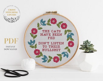 The Cats have been feed - funny cross stitch pattern, easy counted cross stitch, colorful flower wreath, xstitch instant download PDF chart