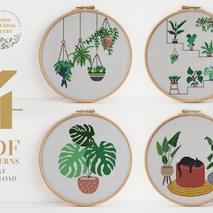 Home plants cross stitch pattern, modern embroidery pattern, funny gift idea, home decor, bundle set