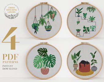 Home plants cross stitch pattern, modern embroidery pattern, funny gift idea, home decor, bundle set