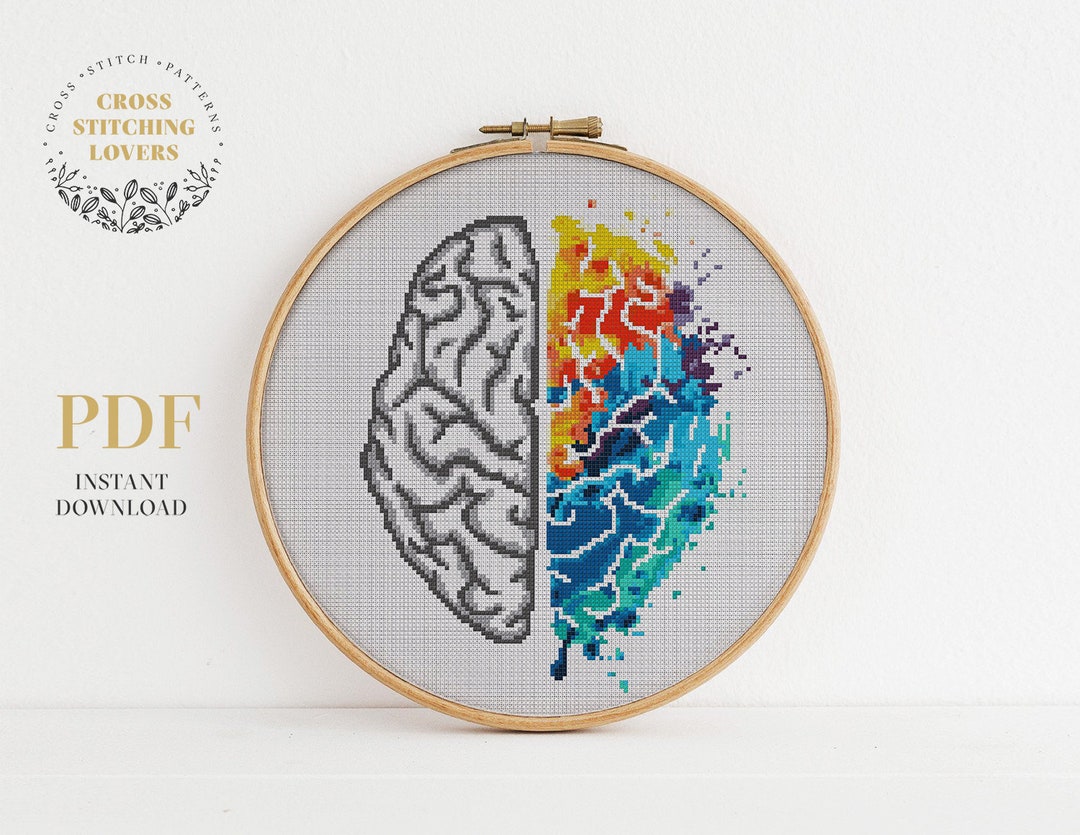 Human Brain Cross Stitch Pattern, Modern Counted Cross Stitch, Colorful