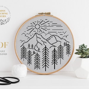 Mountain landscape cross stitch pattern, easy embroidery design, wall home decor, Instant download PDF