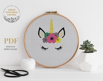 Motif de point de croix de licorne, tableau de point de croix de visage de licorne, modèle de xstitch facile de pépinière de bébé mignon, décor à la maison, téléchargement instantané PDF